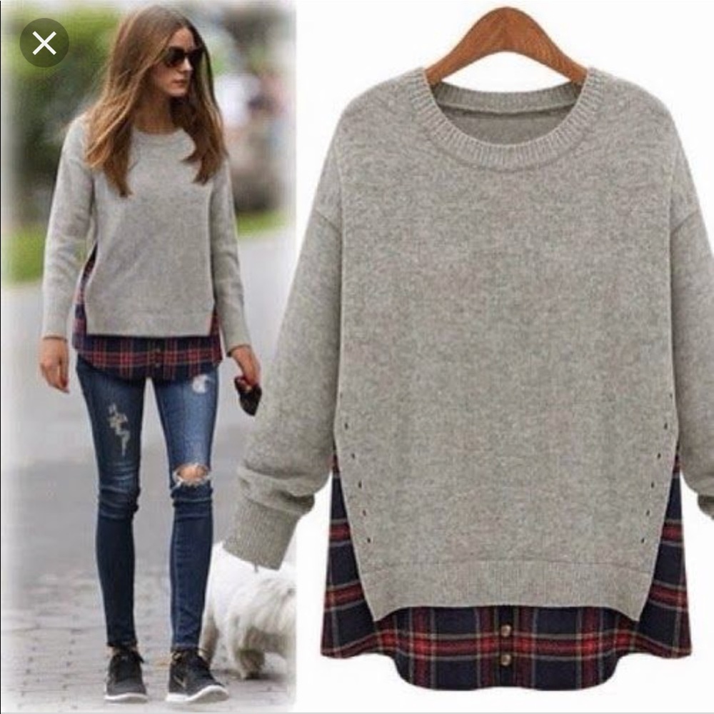 Patchwork plaid grey knit sweater small medium NWT